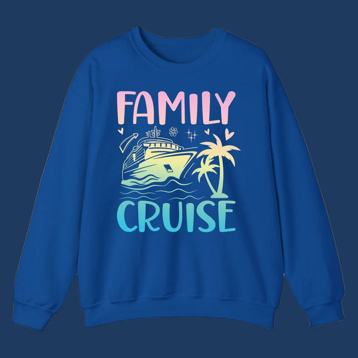 Family cruise vacation design with colorful gradient cruise ship, palm trees, ocean waves, hearts and sparkles illustration