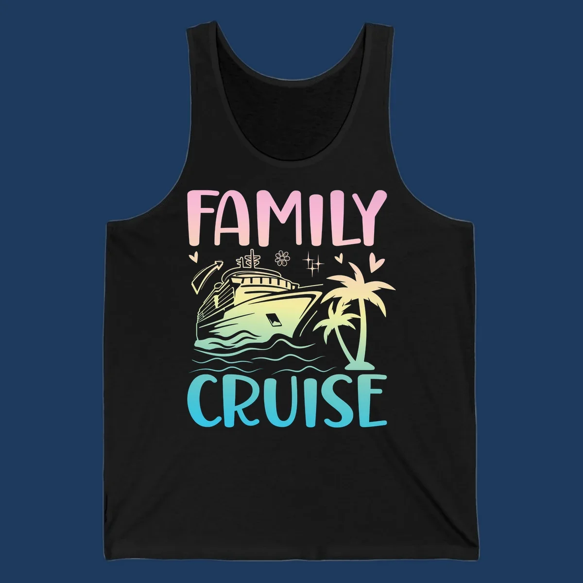 Family cruise vacation design with colorful gradient cruise ship, palm trees, ocean waves, hearts and sparkles illustration