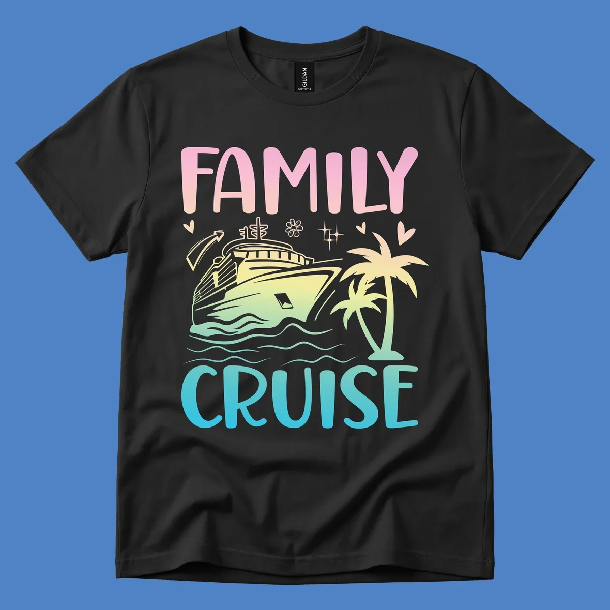Family cruise vacation design with colorful gradient cruise ship, palm trees, ocean waves, hearts and sparkles illustration