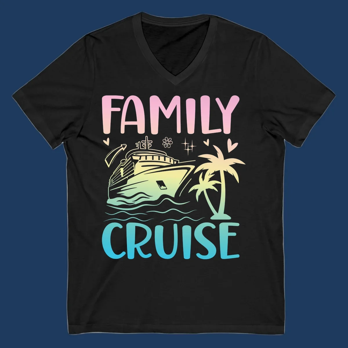 Family cruise vacation design with colorful gradient cruise ship, palm trees, ocean waves, hearts and sparkles illustration