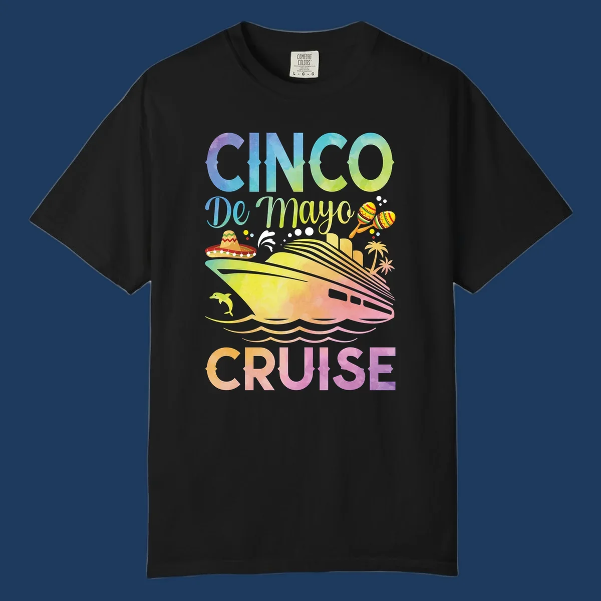 Colorful cinco de mayo cruise design with ship, sombrero, maracas, dolphins and palm trees in gradient rainbow colors