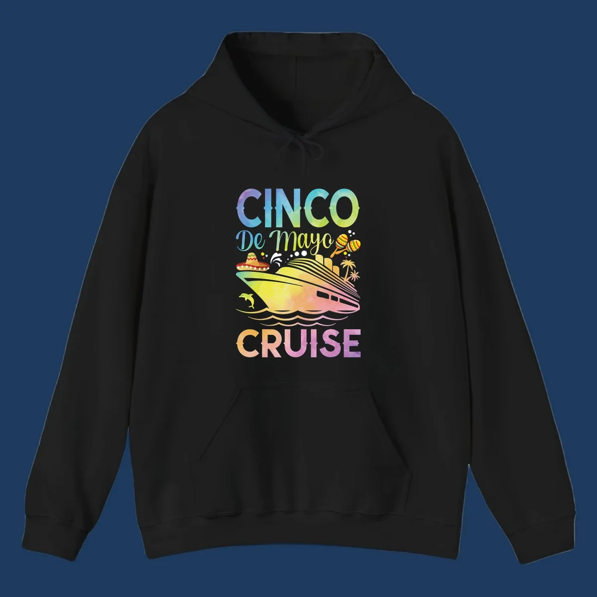 Colorful cinco de mayo cruise design with ship, sombrero, maracas, dolphins and palm trees in gradient rainbow colors