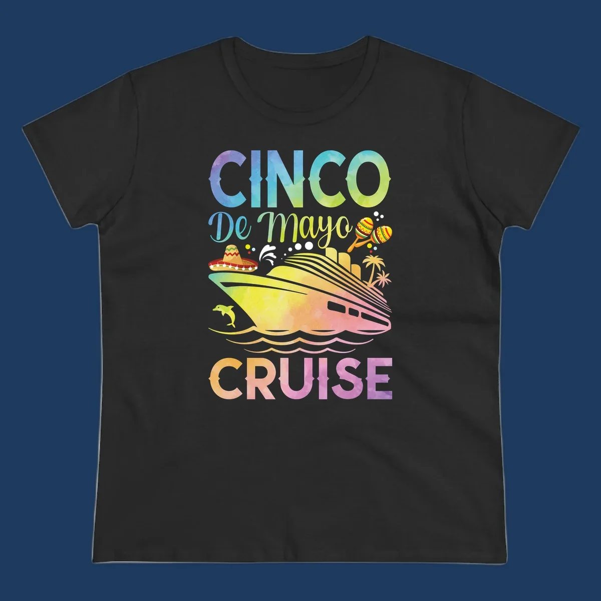 Colorful cinco de mayo cruise design with ship, sombrero, maracas, dolphins and palm trees in gradient rainbow colors