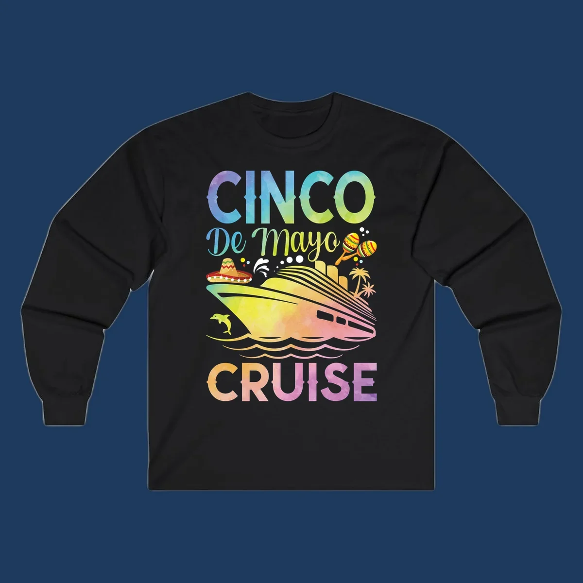 Colorful cinco de mayo cruise design with ship, sombrero, maracas, dolphins and palm trees in gradient rainbow colors