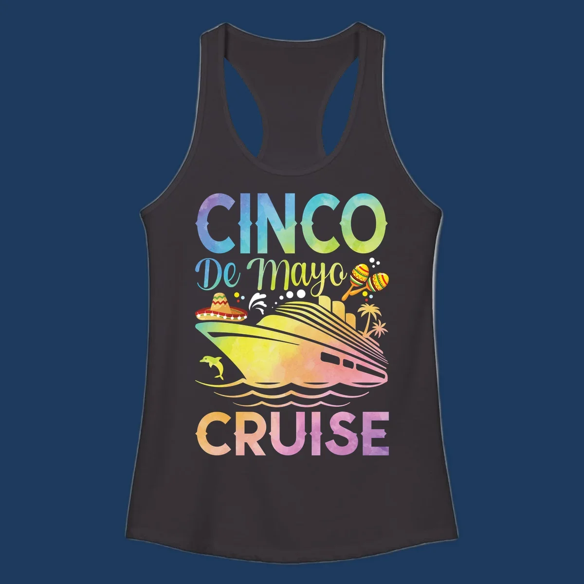 Colorful cinco de mayo cruise design with ship, sombrero, maracas, dolphins and palm trees in gradient rainbow colors