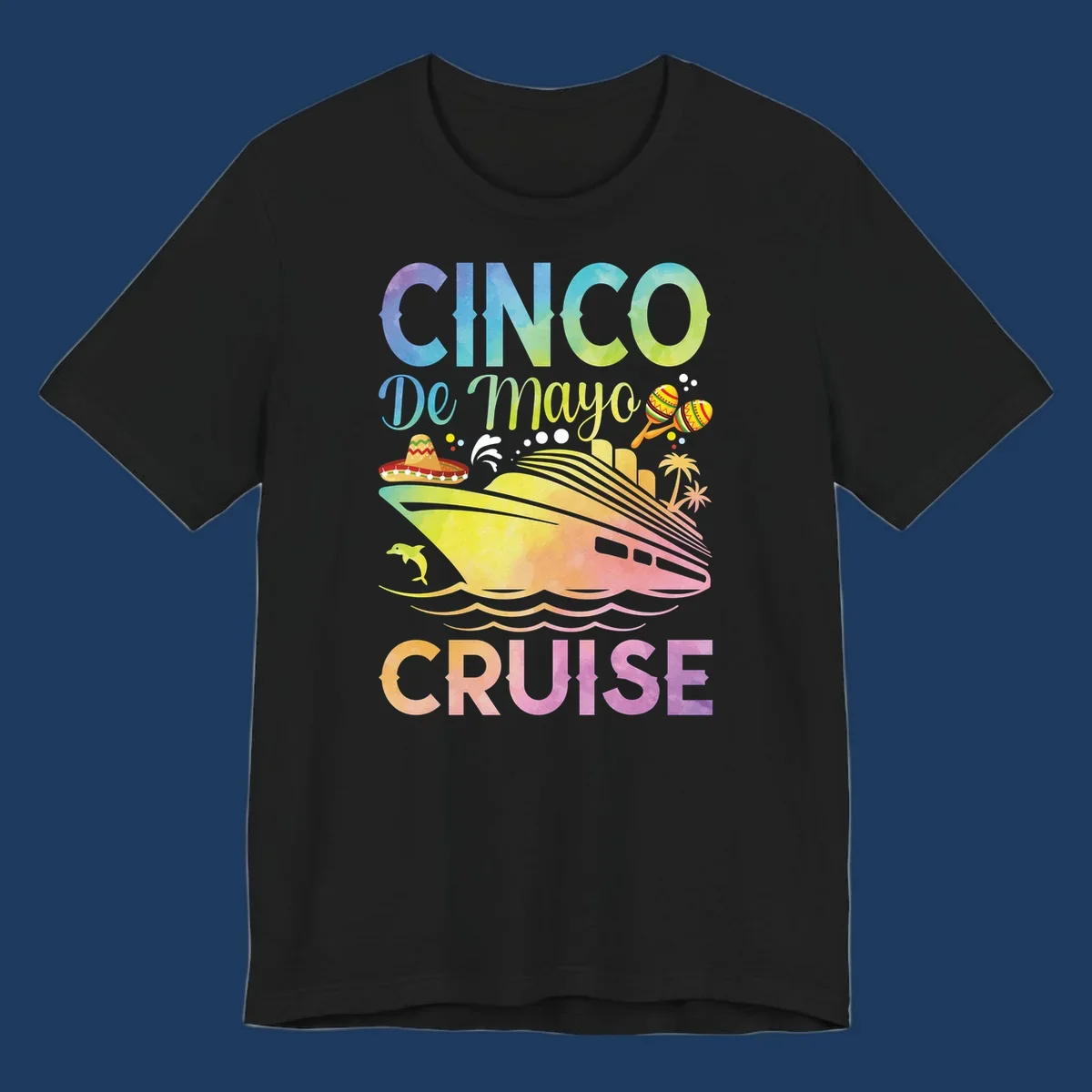 Colorful cinco de mayo cruise design with ship, sombrero, maracas, dolphins and palm trees in gradient rainbow colors