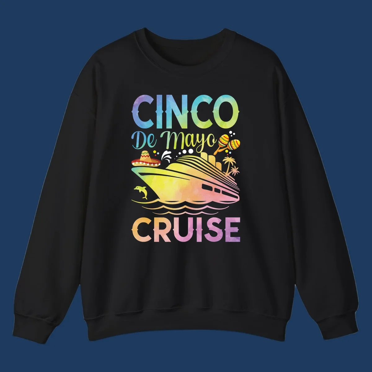 Colorful cinco de mayo cruise design with ship, sombrero, maracas, dolphins and palm trees in gradient rainbow colors