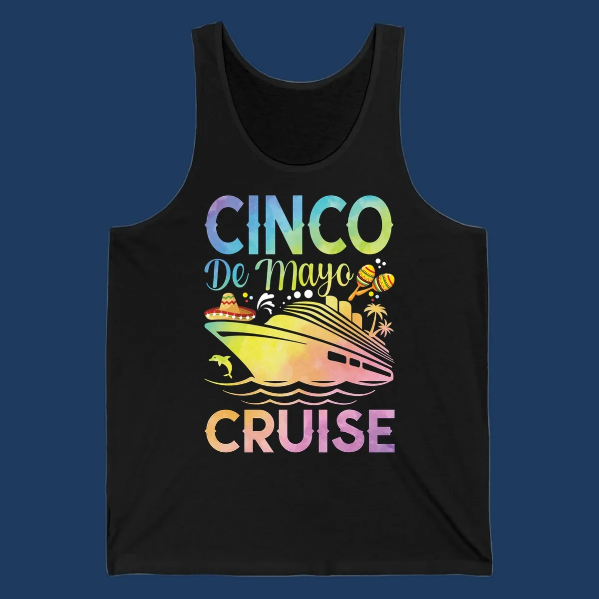 Colorful cinco de mayo cruise design with ship, sombrero, maracas, dolphins and palm trees in gradient rainbow colors