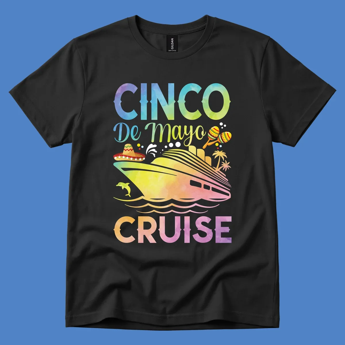 Colorful cinco de mayo cruise design with ship, sombrero, maracas, dolphins and palm trees in gradient rainbow colors
