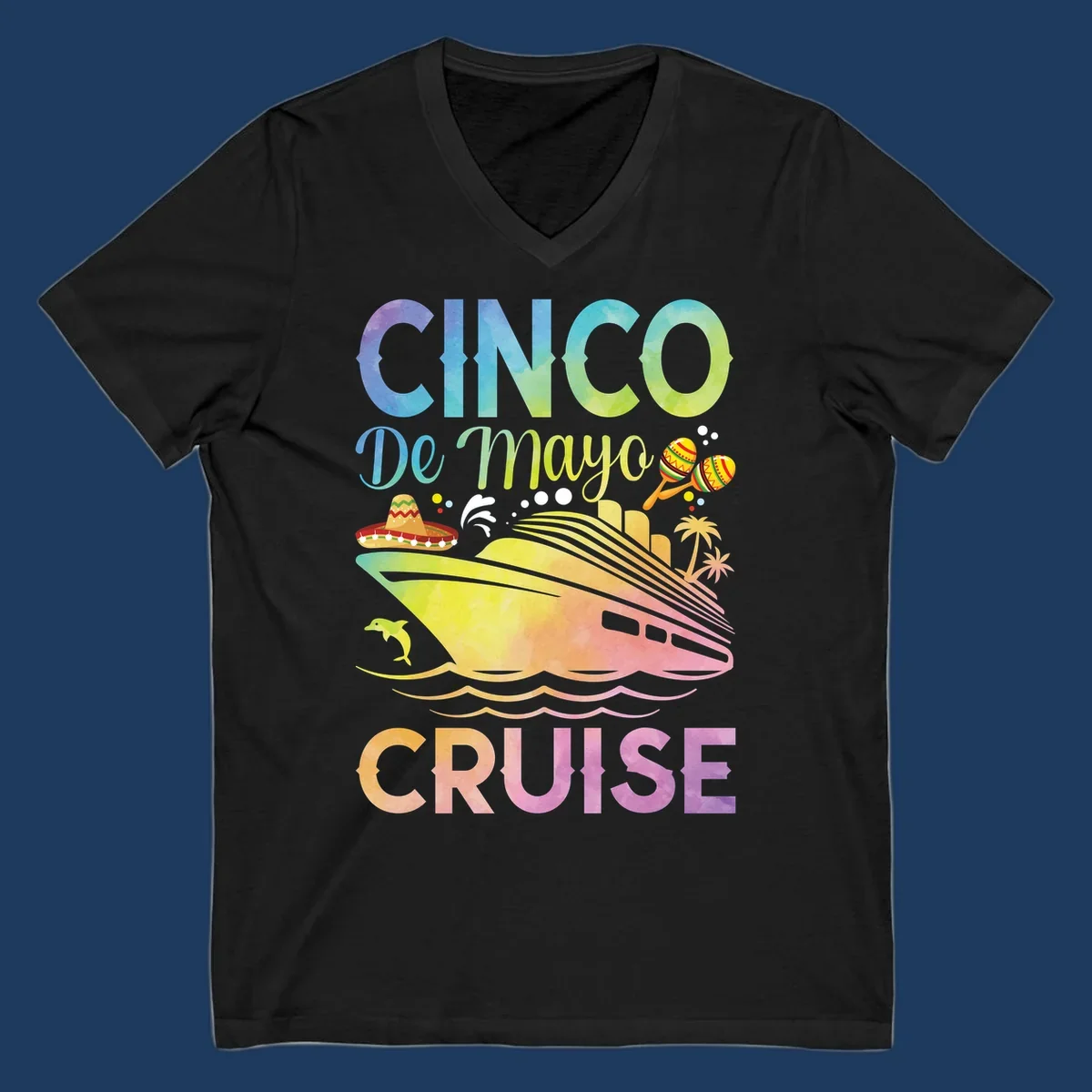 Colorful cinco de mayo cruise design with ship, sombrero, maracas, dolphins and palm trees in gradient rainbow colors