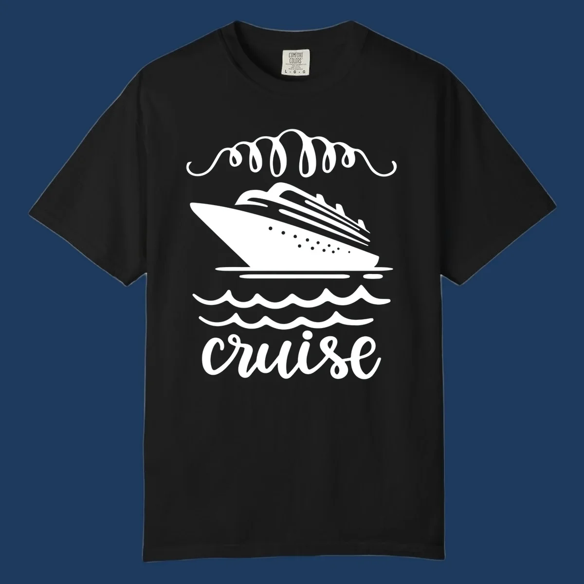 Cruise ship with ocean waves and decorative flourishes in white line art style with 'Cruise' text