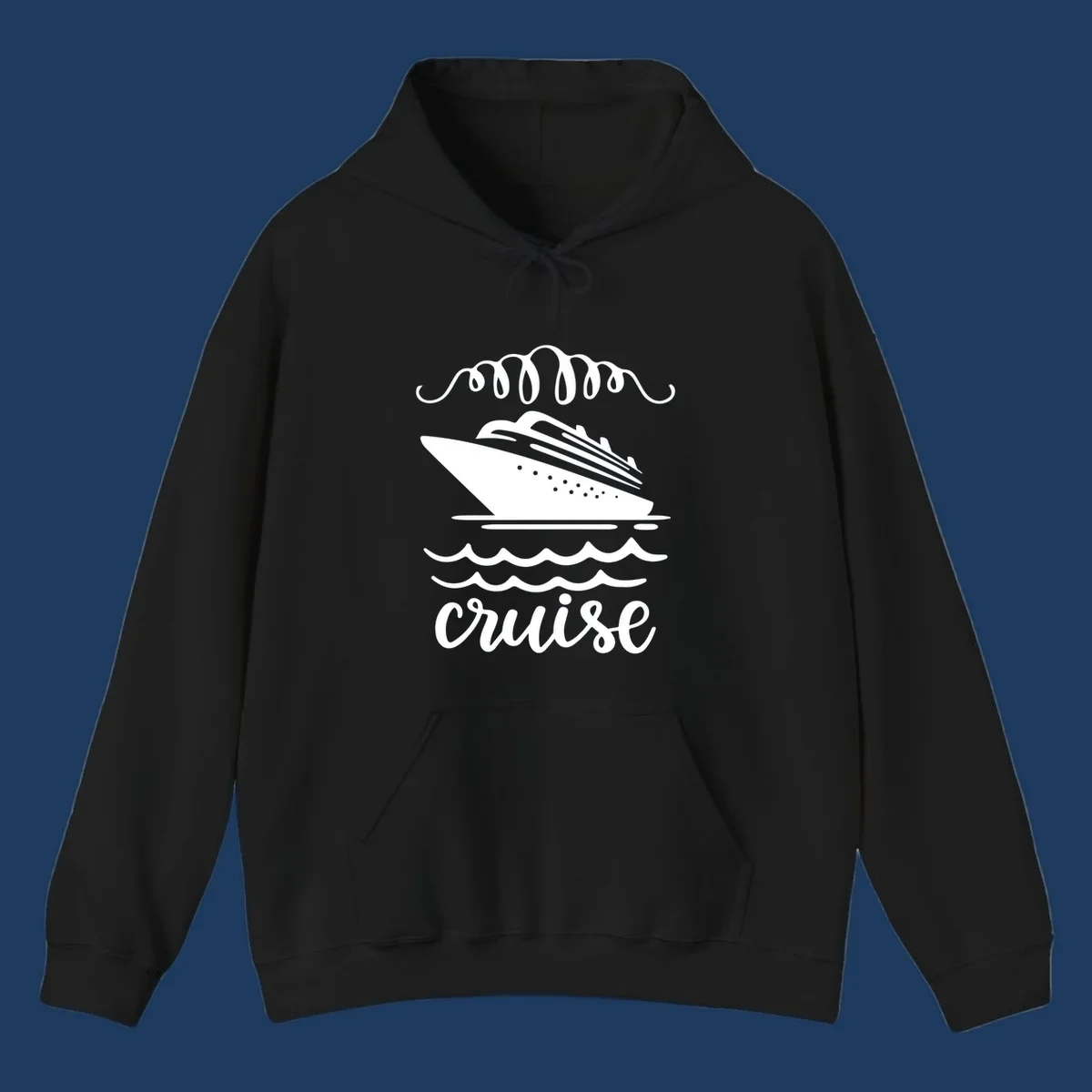 Cruise ship with ocean waves and decorative flourishes in white line art style with 'Cruise' text