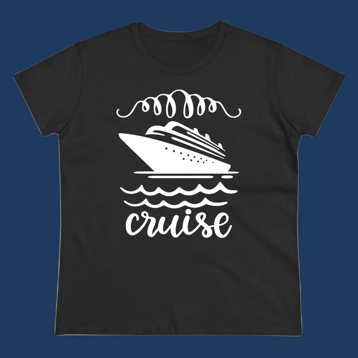 Cruise ship with ocean waves and decorative flourishes in white line art style with 'Cruise' text