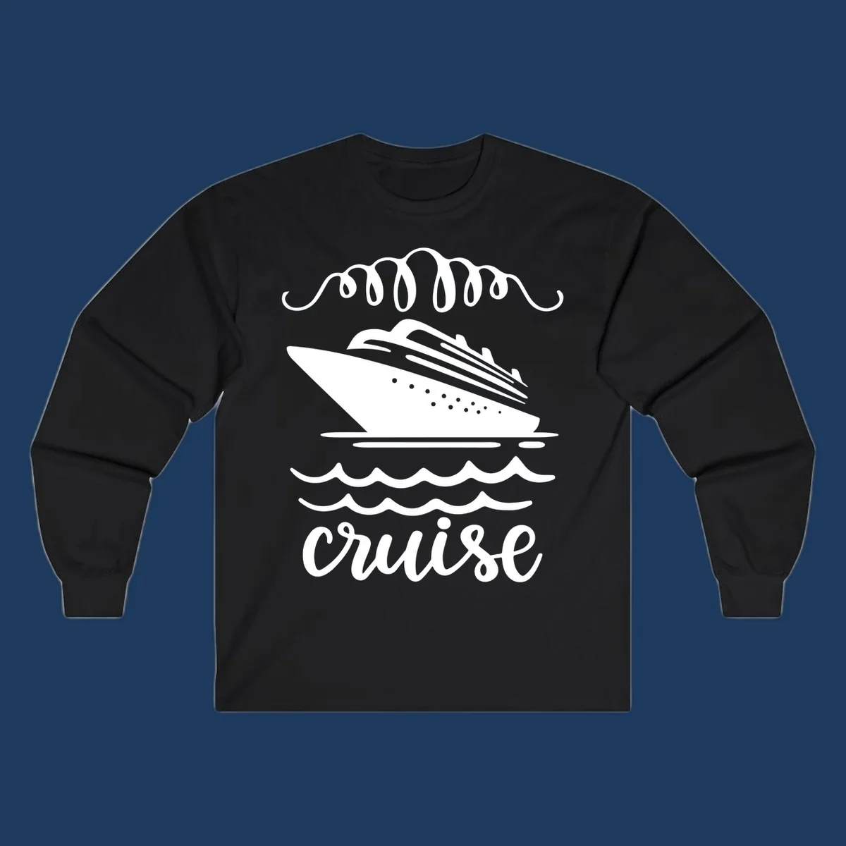 Cruise ship with ocean waves and decorative flourishes in white line art style with 'Cruise' text