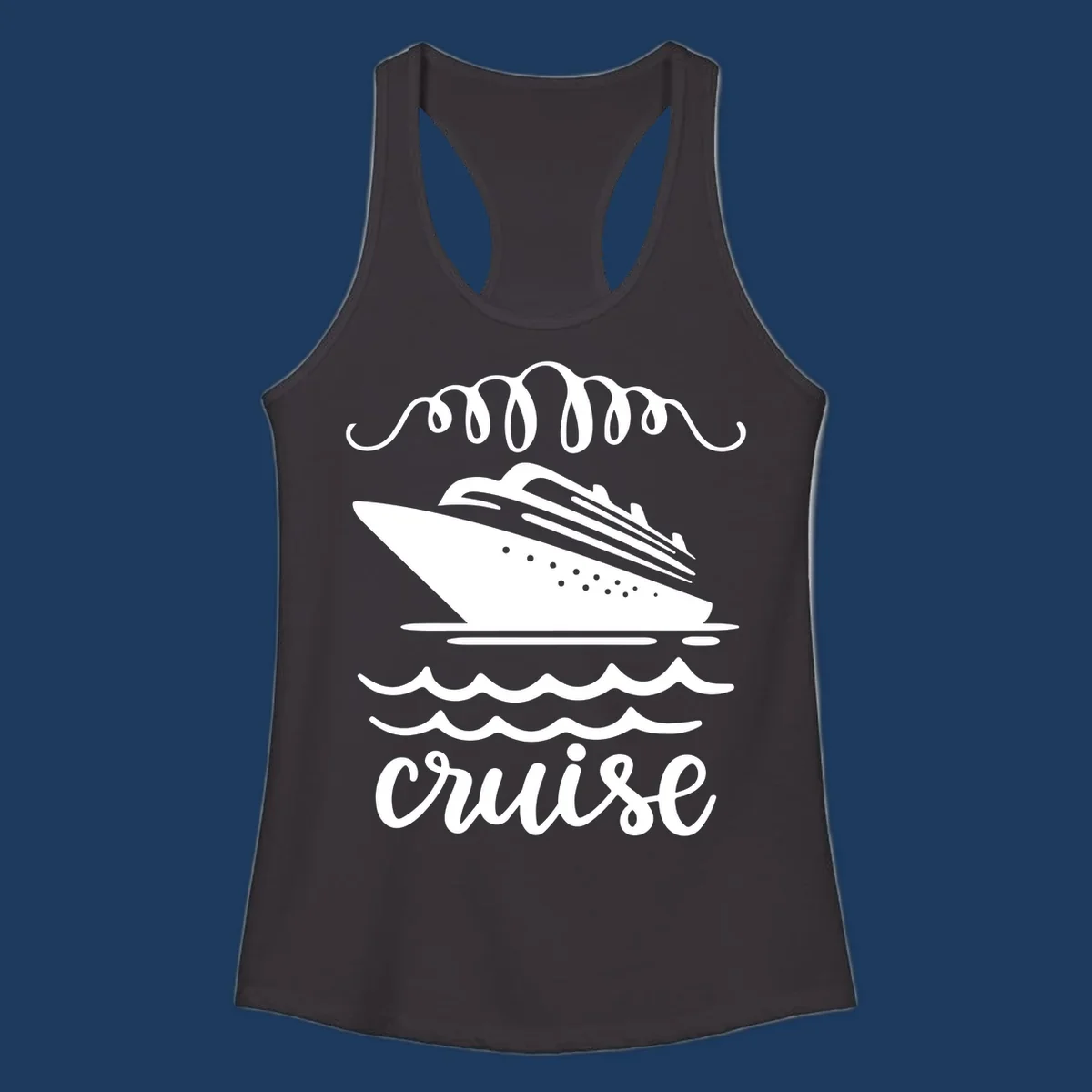 Cruise ship with ocean waves and decorative flourishes in white line art style with 'Cruise' text