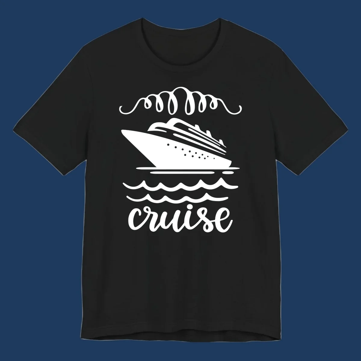 Cruise ship with ocean waves and decorative flourishes in white line art style with 'Cruise' text