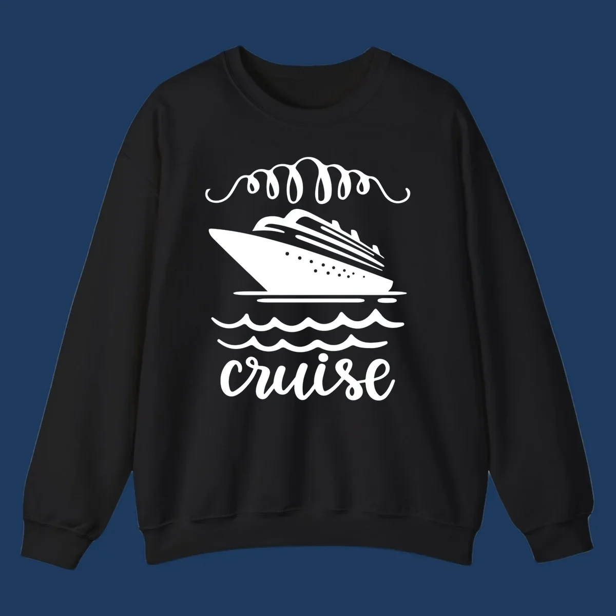 Cruise ship with ocean waves and decorative flourishes in white line art style with 'Cruise' text