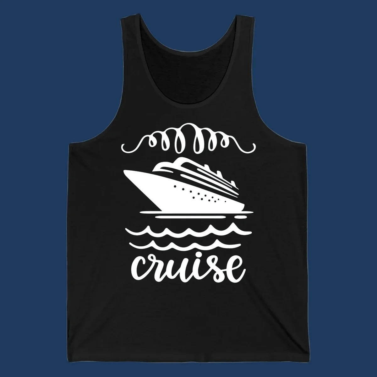 Cruise ship with ocean waves and decorative flourishes in white line art style with 'Cruise' text