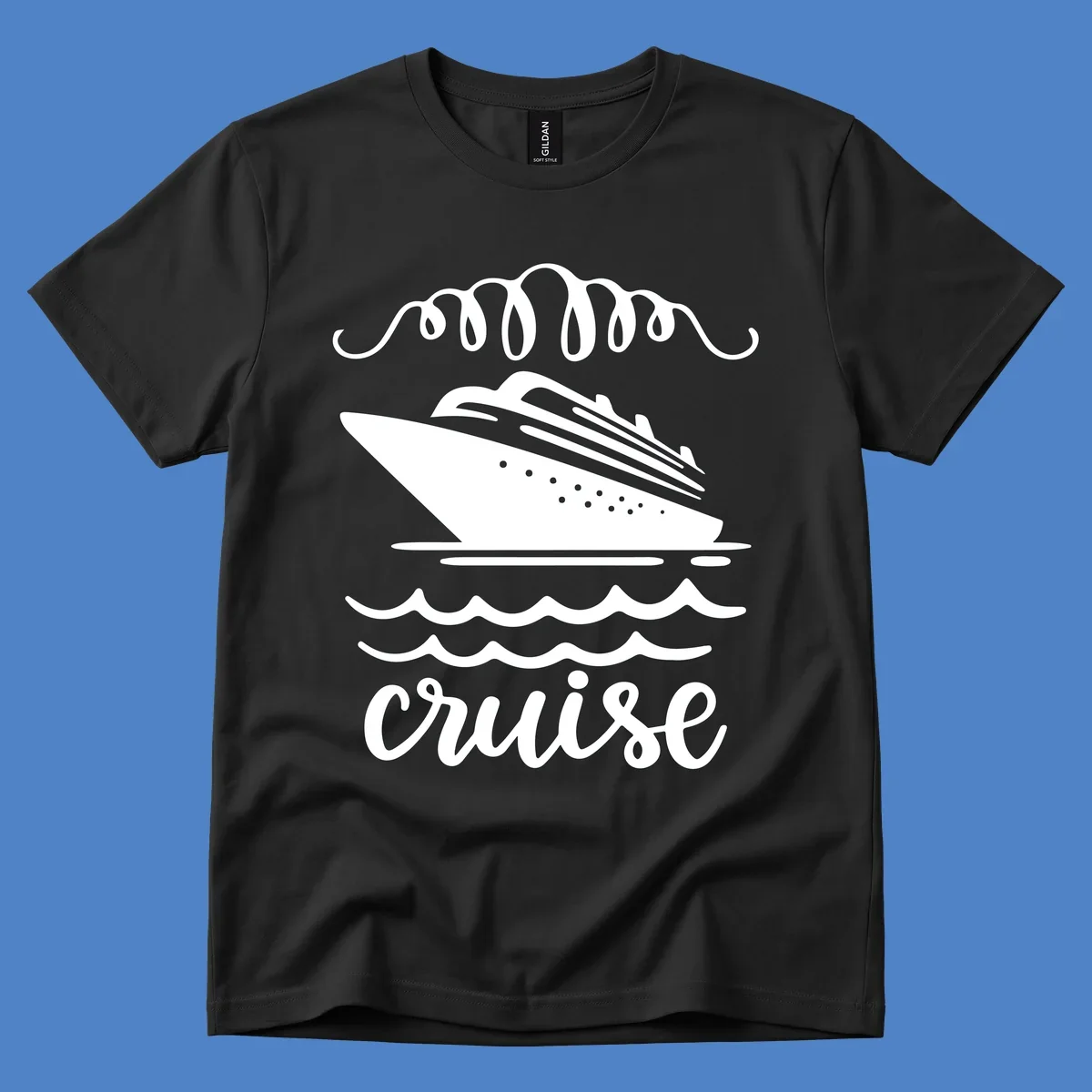 Cruise ship with ocean waves and decorative flourishes in white line art style with 'Cruise' text