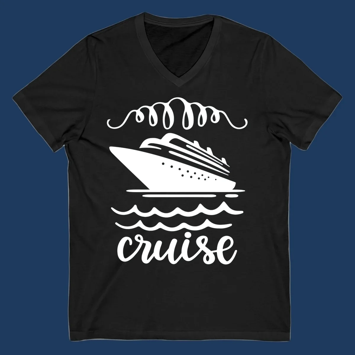 Cruise ship with ocean waves and decorative flourishes in white line art style with 'Cruise' text