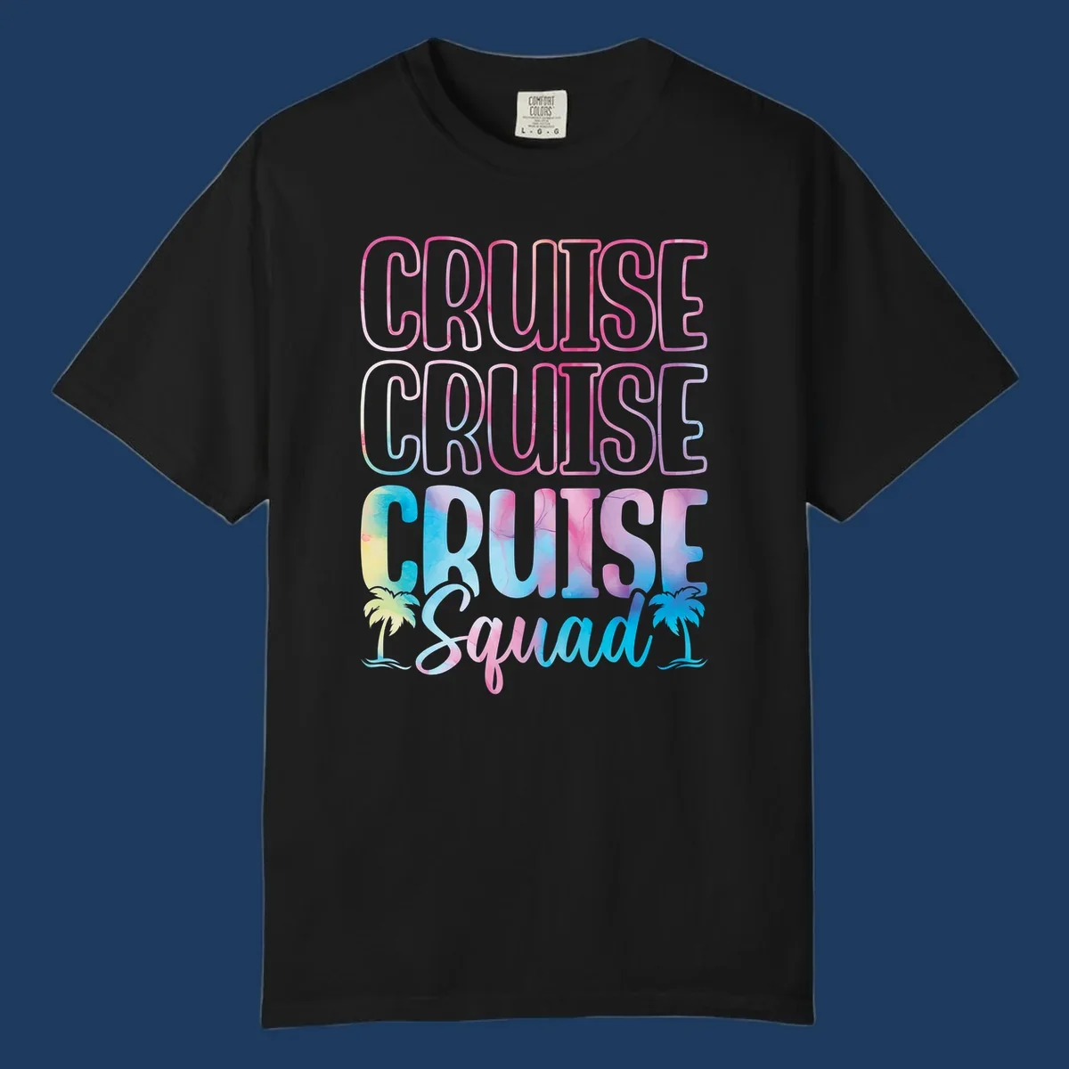 Cruise squad vacation design with neon pink and watercolor gradient text, tropical palm trees, and vibrant colors on gray background