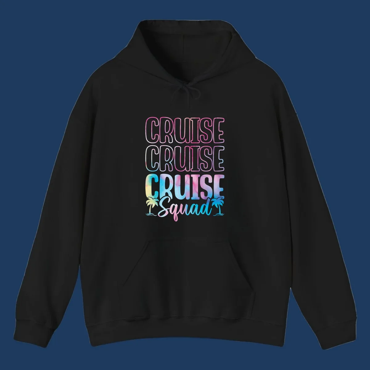 Cruise squad vacation design with neon pink and watercolor gradient text, tropical palm trees, and vibrant colors on gray background
