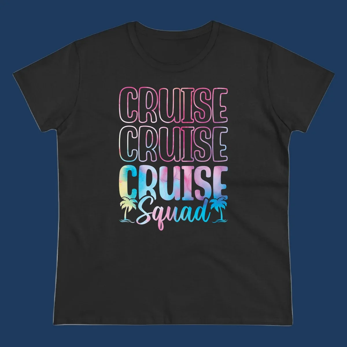 Cruise squad vacation design with neon pink and watercolor gradient text, tropical palm trees, and vibrant colors on gray background