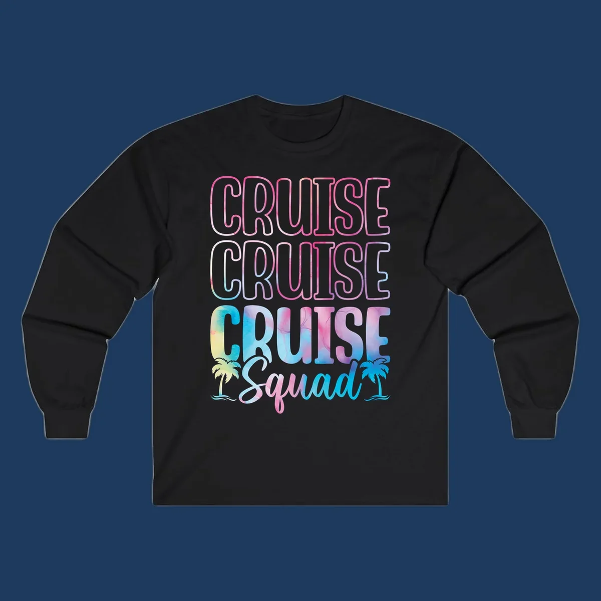 Cruise squad vacation design with neon pink and watercolor gradient text, tropical palm trees, and vibrant colors on gray background