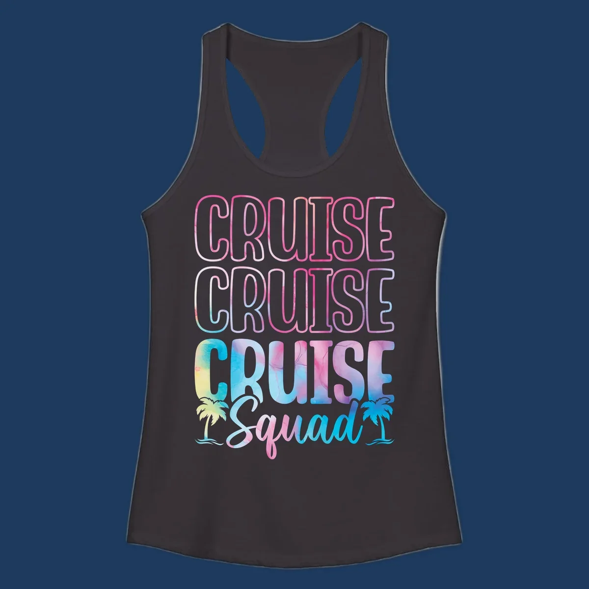 Cruise squad vacation design with neon pink and watercolor gradient text, tropical palm trees, and vibrant colors on gray background