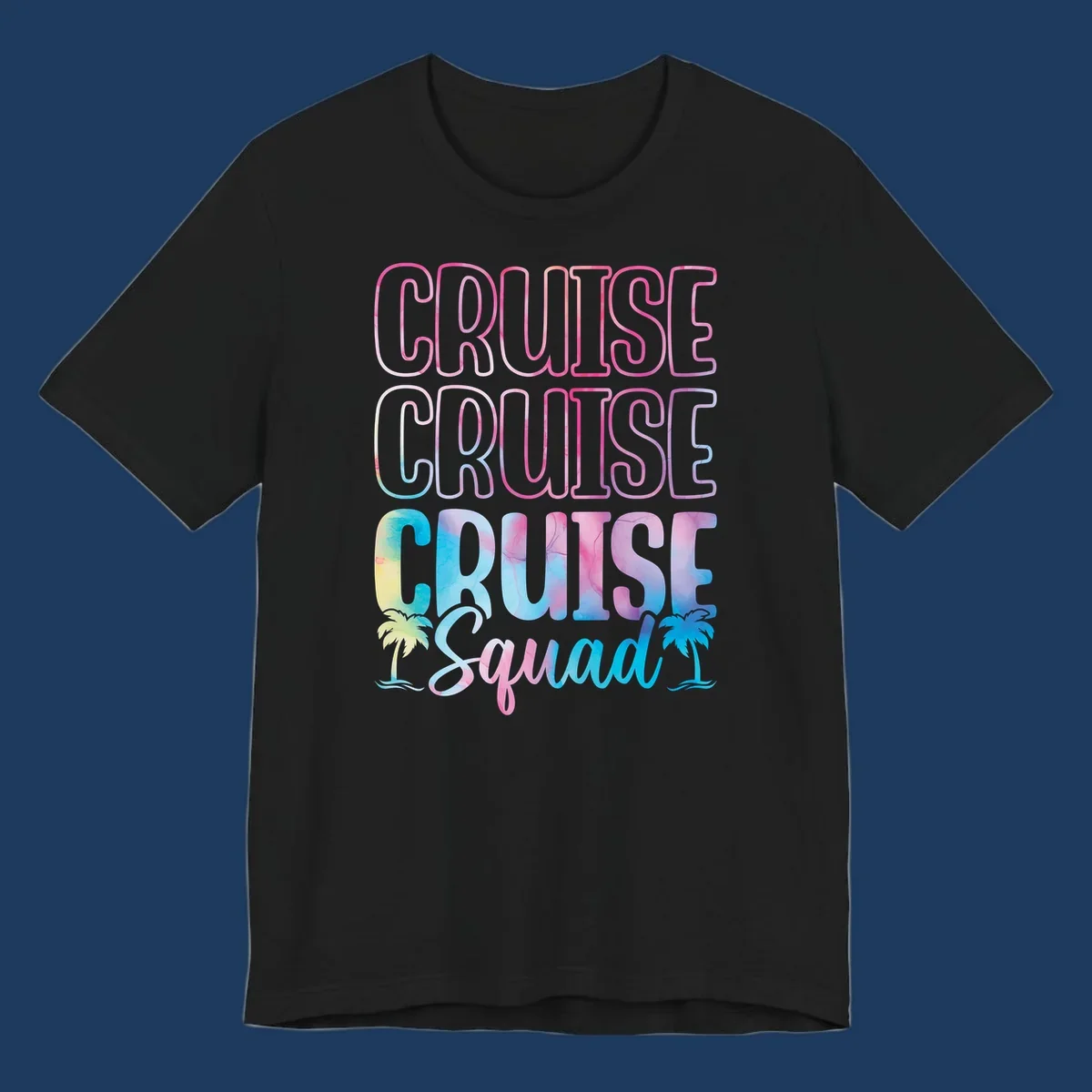 Cruise squad vacation design with neon pink and watercolor gradient text, tropical palm trees, and vibrant colors on gray background