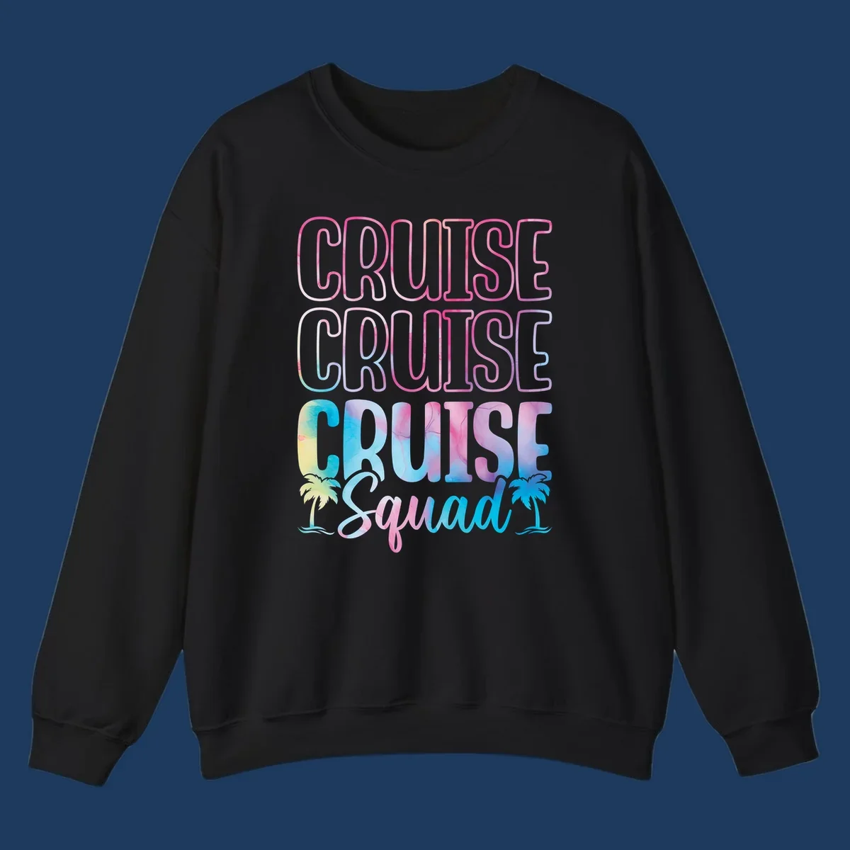 Cruise squad vacation design with neon pink and watercolor gradient text, tropical palm trees, and vibrant colors on gray background