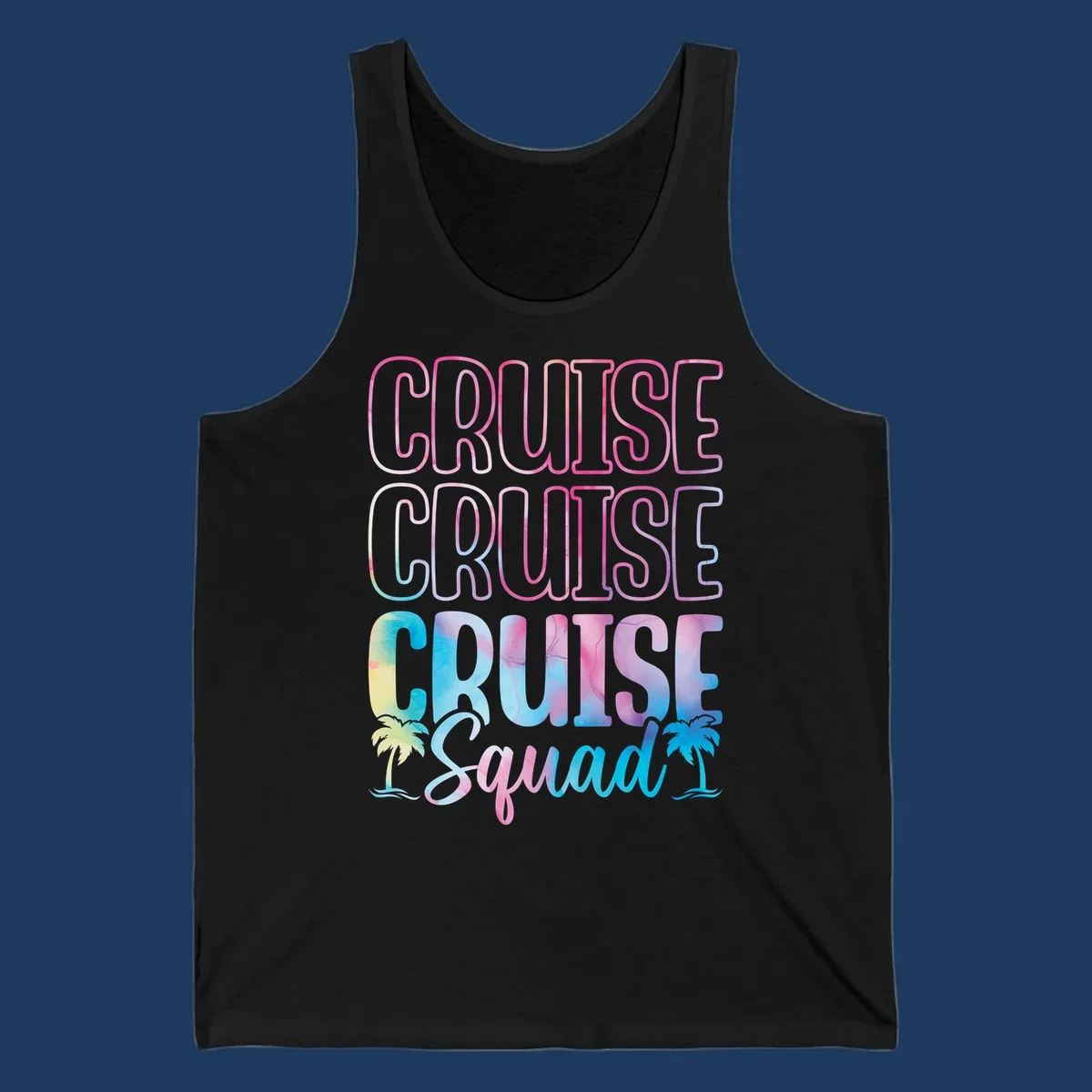 Cruise squad vacation design with neon pink and watercolor gradient text, tropical palm trees, and vibrant colors on gray background