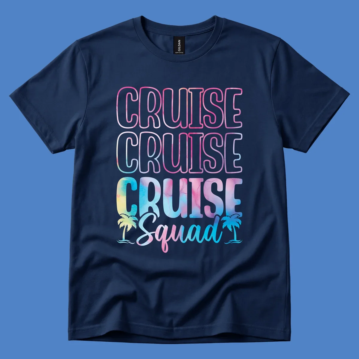 Cruise squad vacation design with neon pink and watercolor gradient text, tropical palm trees, and vibrant colors on gray background
