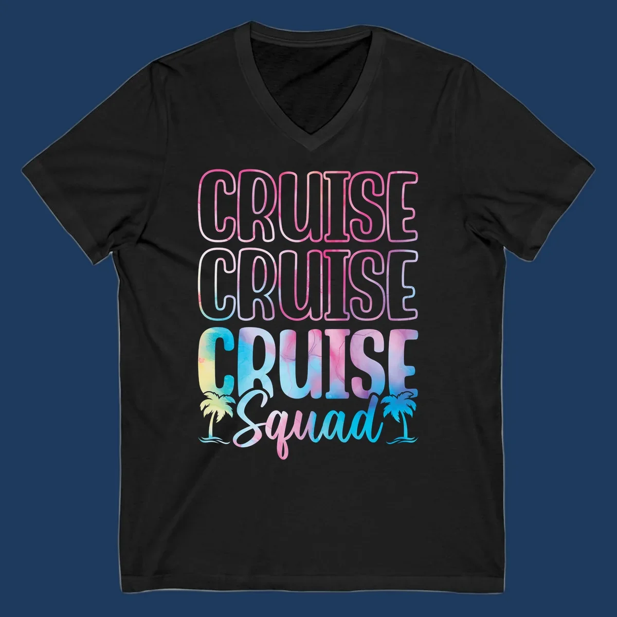 Cruise squad vacation design with neon pink and watercolor gradient text, tropical palm trees, and vibrant colors on gray background