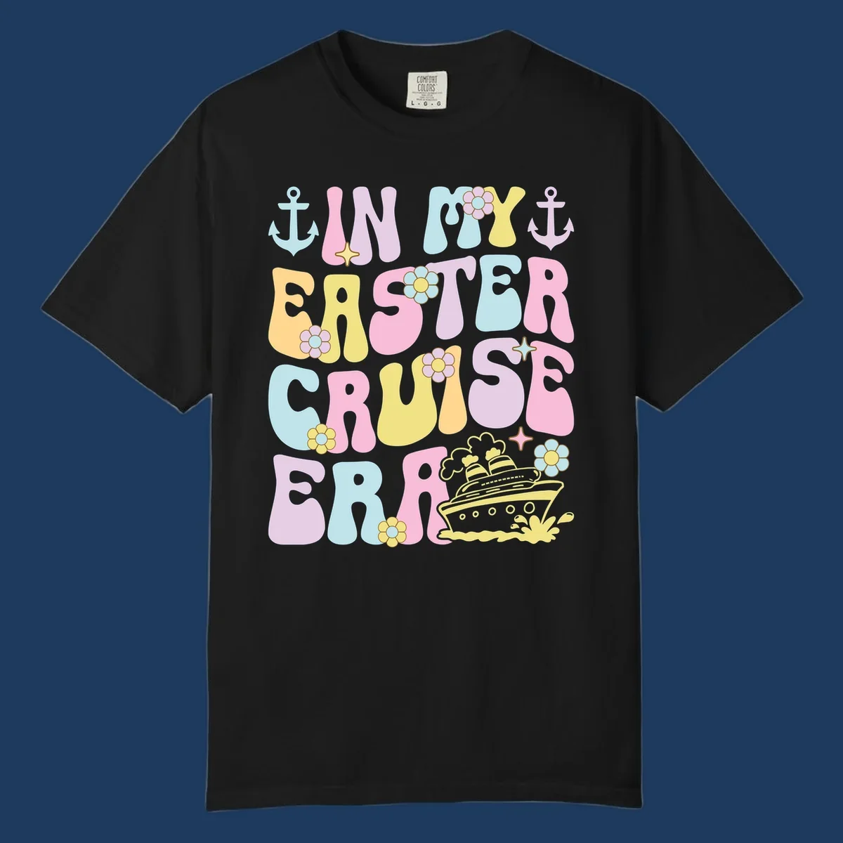 Colorful illustrated text reading 'IN MY CRUISE ERA' with nautical anchors, flowers, stars, and a cruise ship graphic on gray background