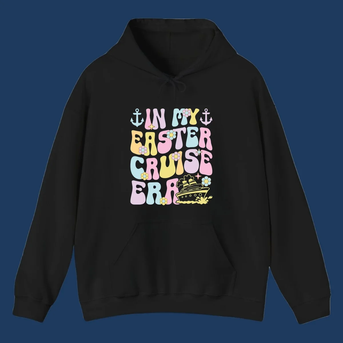 Colorful illustrated text reading 'IN MY CRUISE ERA' with nautical anchors, flowers, stars, and a cruise ship graphic on gray background
