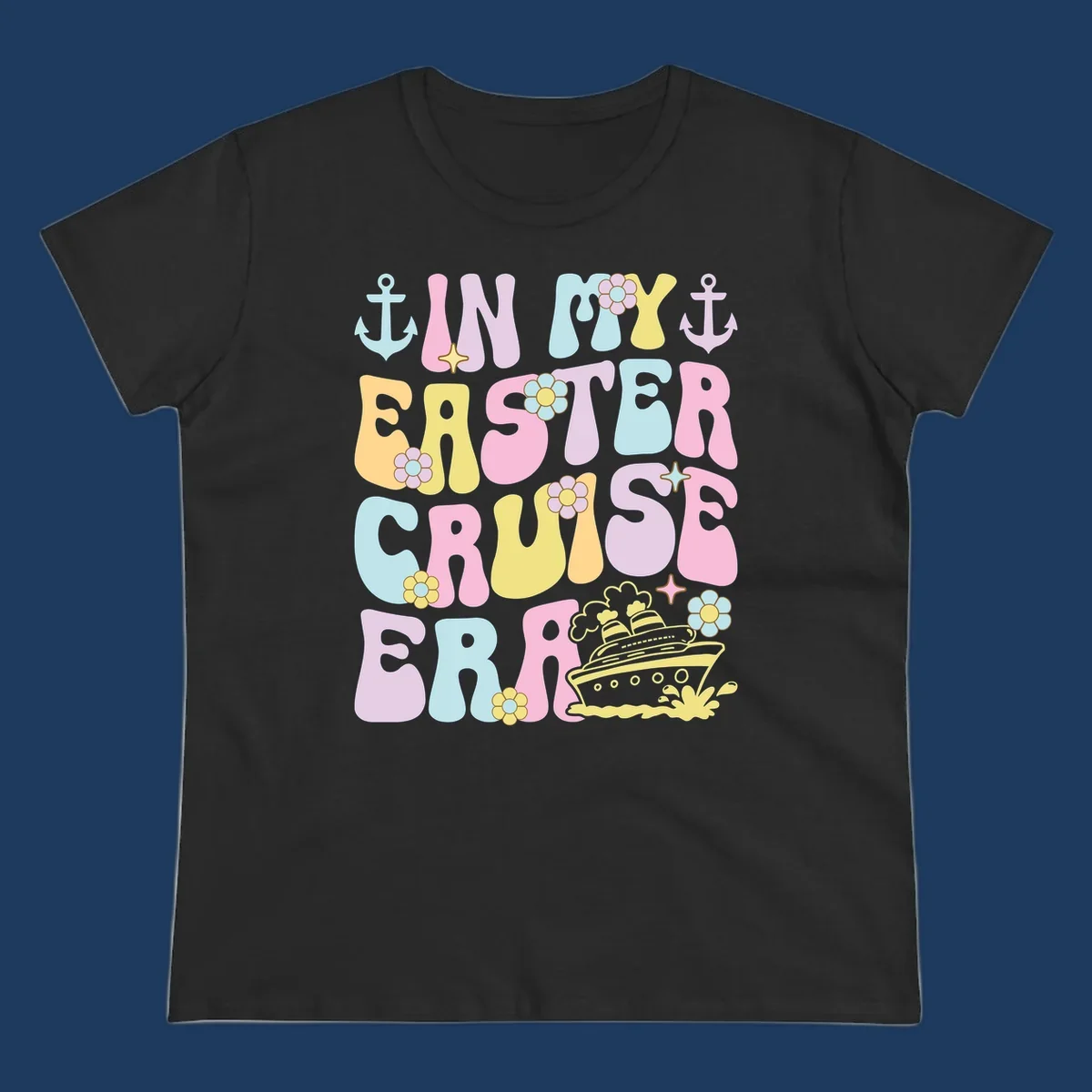 Colorful illustrated text reading 'IN MY CRUISE ERA' with nautical anchors, flowers, stars, and a cruise ship graphic on gray background