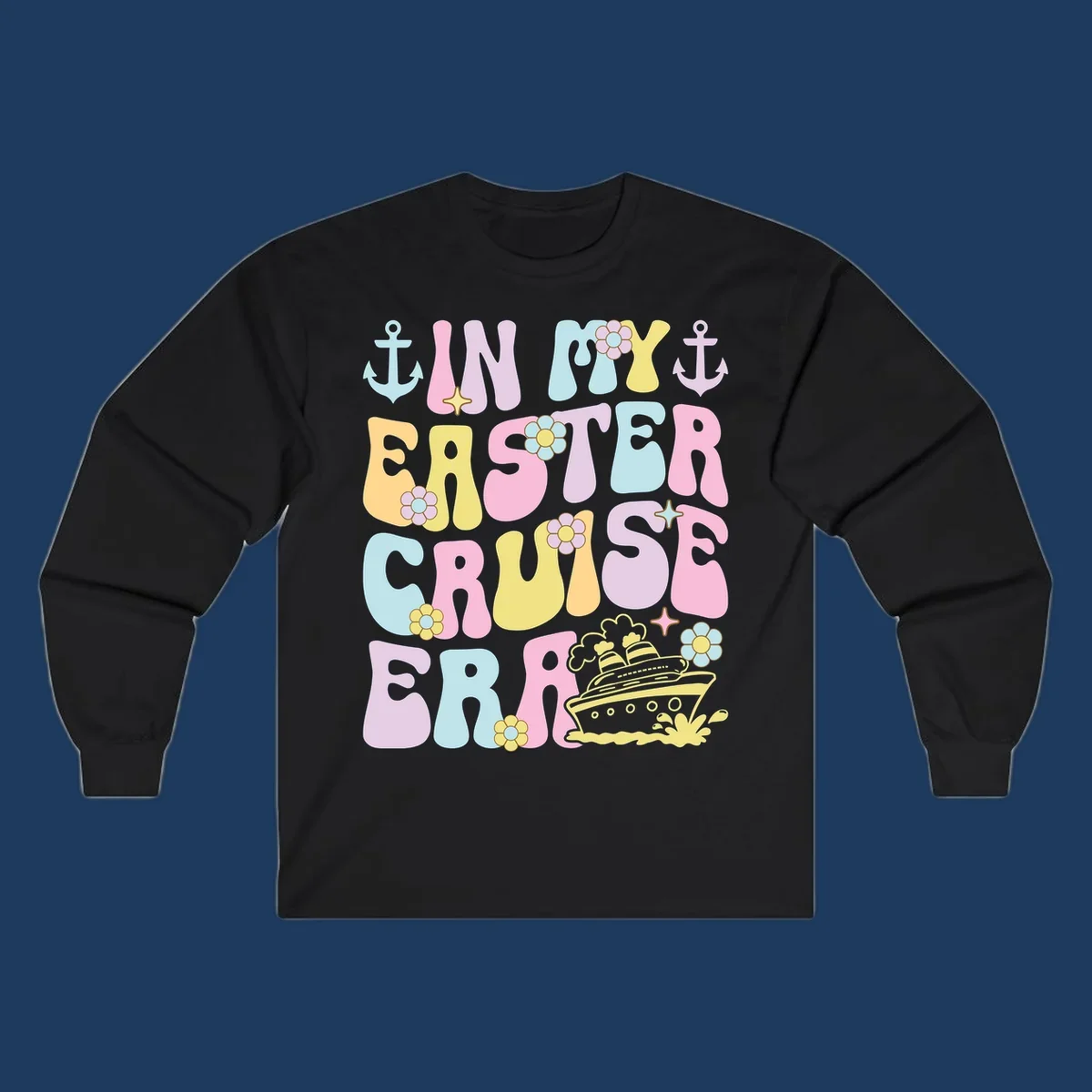 Colorful illustrated text reading 'IN MY CRUISE ERA' with nautical anchors, flowers, stars, and a cruise ship graphic on gray background