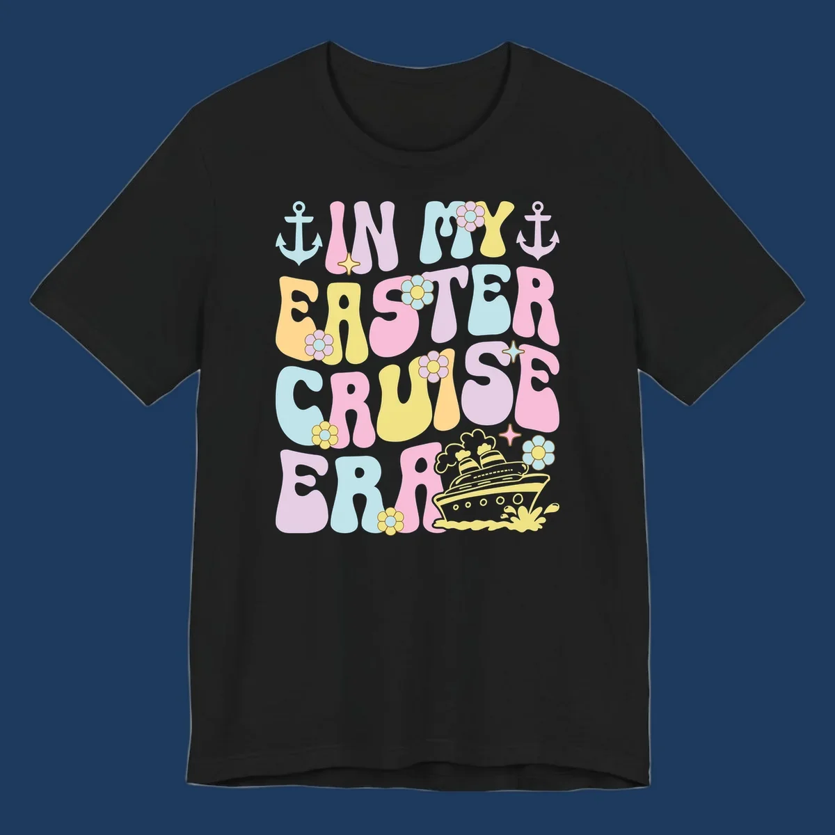 Colorful illustrated text reading 'IN MY CRUISE ERA' with nautical anchors, flowers, stars, and a cruise ship graphic on gray background