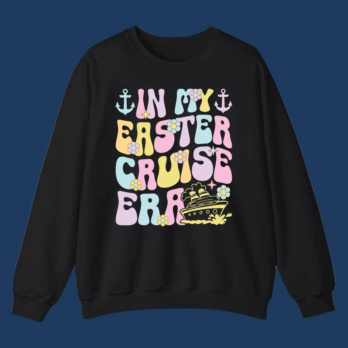 Colorful illustrated text reading 'IN MY CRUISE ERA' with nautical anchors, flowers, stars, and a cruise ship graphic on gray background