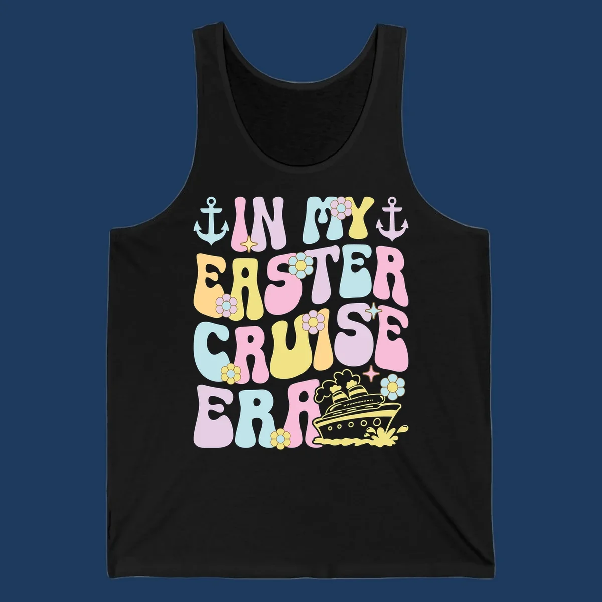 Colorful illustrated text reading 'IN MY CRUISE ERA' with nautical anchors, flowers, stars, and a cruise ship graphic on gray background