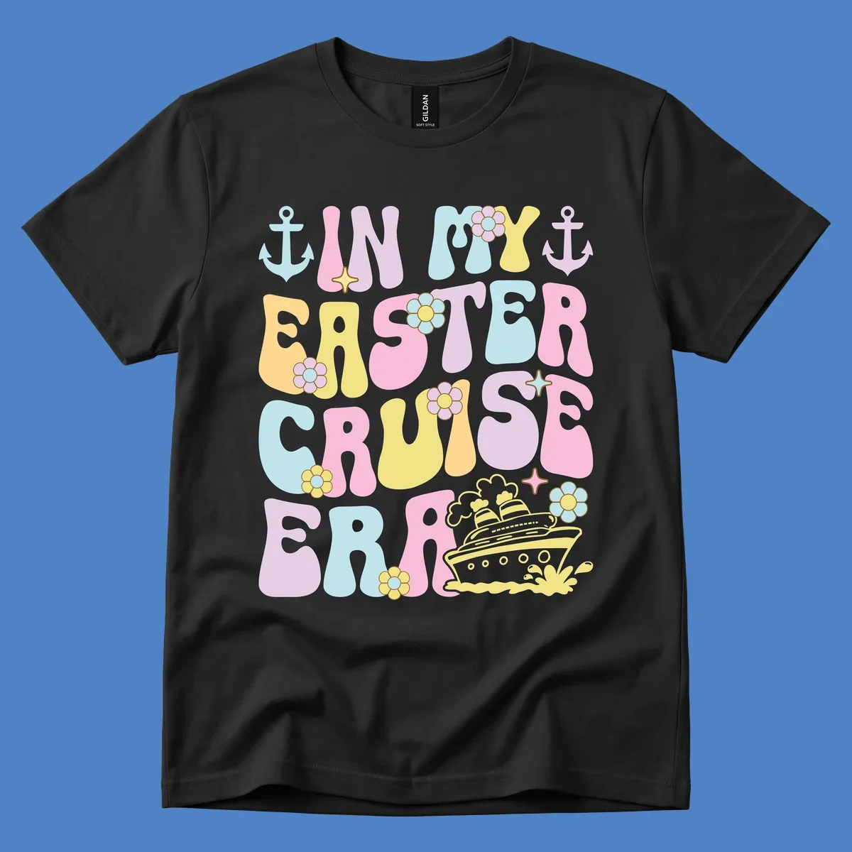 Colorful illustrated text reading 'IN MY CRUISE ERA' with nautical anchors, flowers, stars, and a cruise ship graphic on gray background