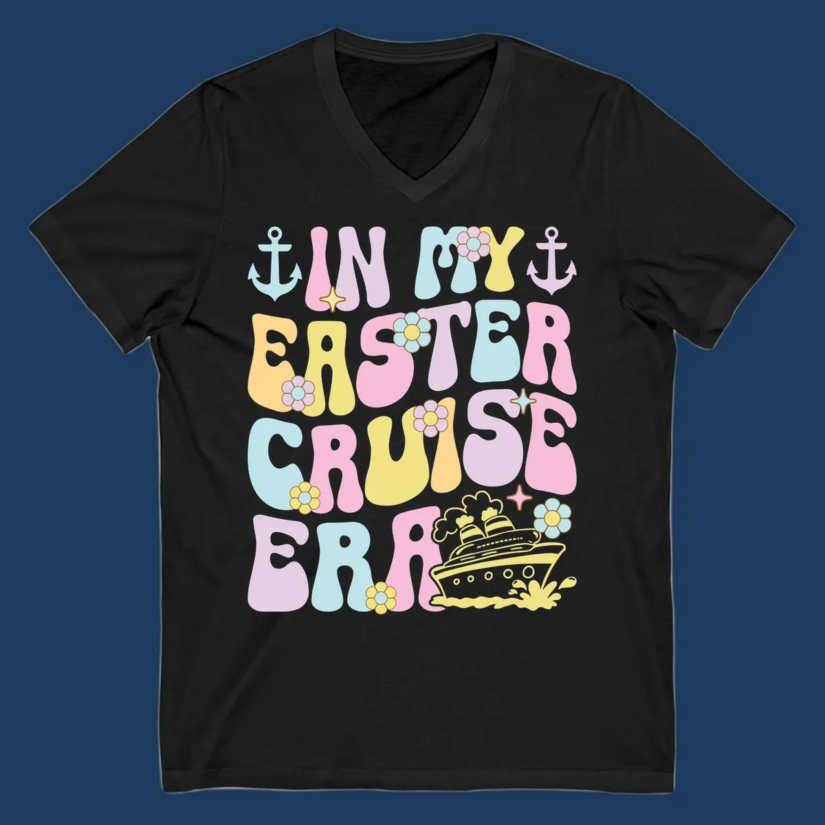 Colorful illustrated text reading 'IN MY CRUISE ERA' with nautical anchors, flowers, stars, and a cruise ship graphic on gray background
