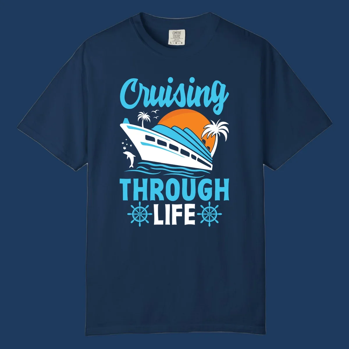 Cruising through life design: illustrated cruise ship sailing toward sunset with ocean waves, palm trees, and nautical elements in cyan, blue, and orange