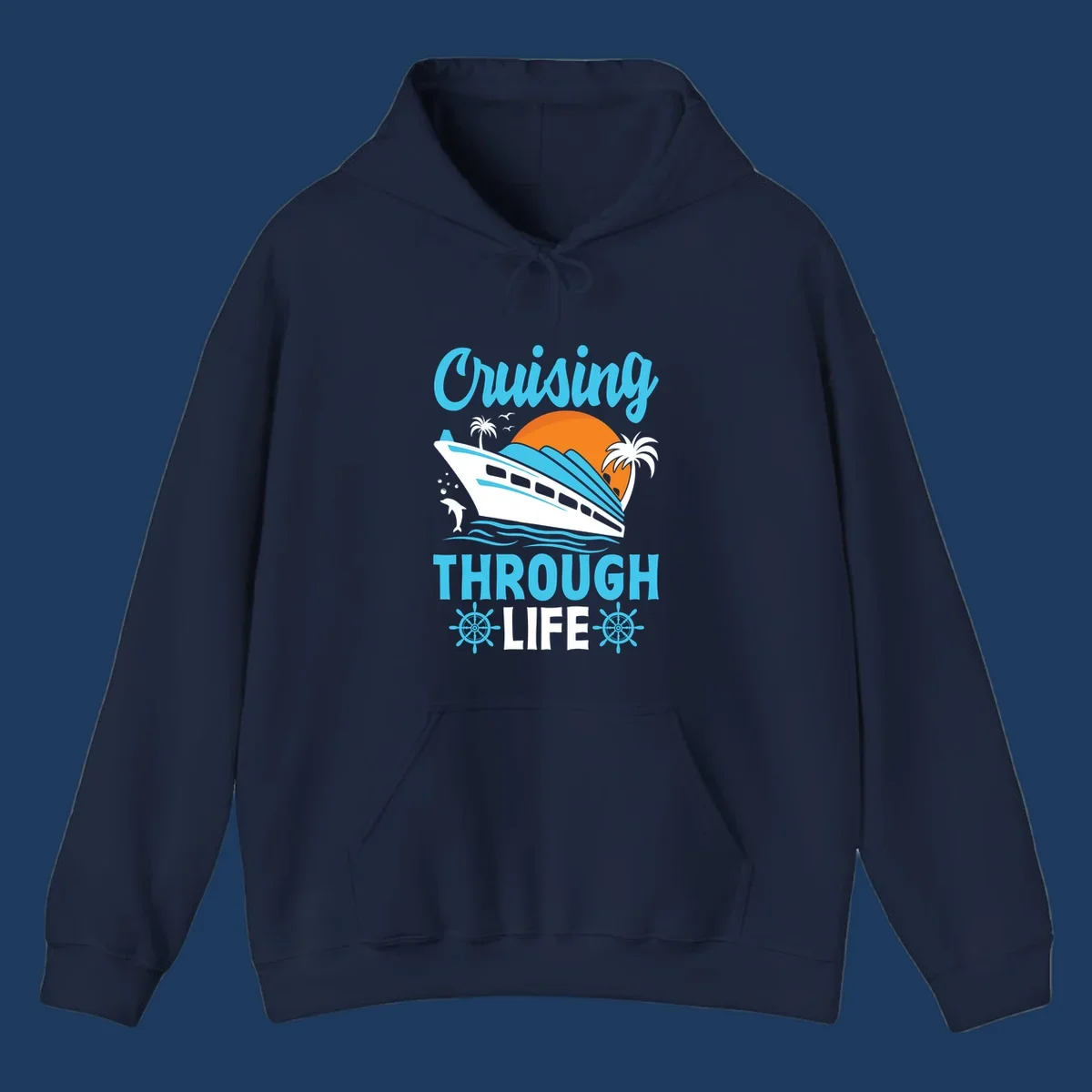 Cruising through life design: illustrated cruise ship sailing toward sunset with ocean waves, palm trees, and nautical elements in cyan, blue, and orange