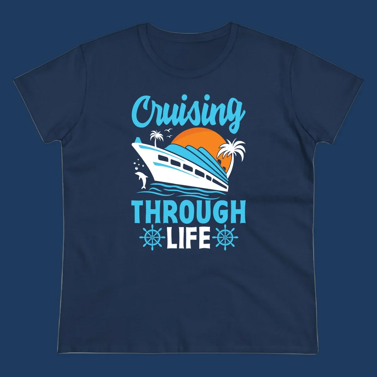 Cruising through life design: illustrated cruise ship sailing toward sunset with ocean waves, palm trees, and nautical elements in cyan, blue, and orange