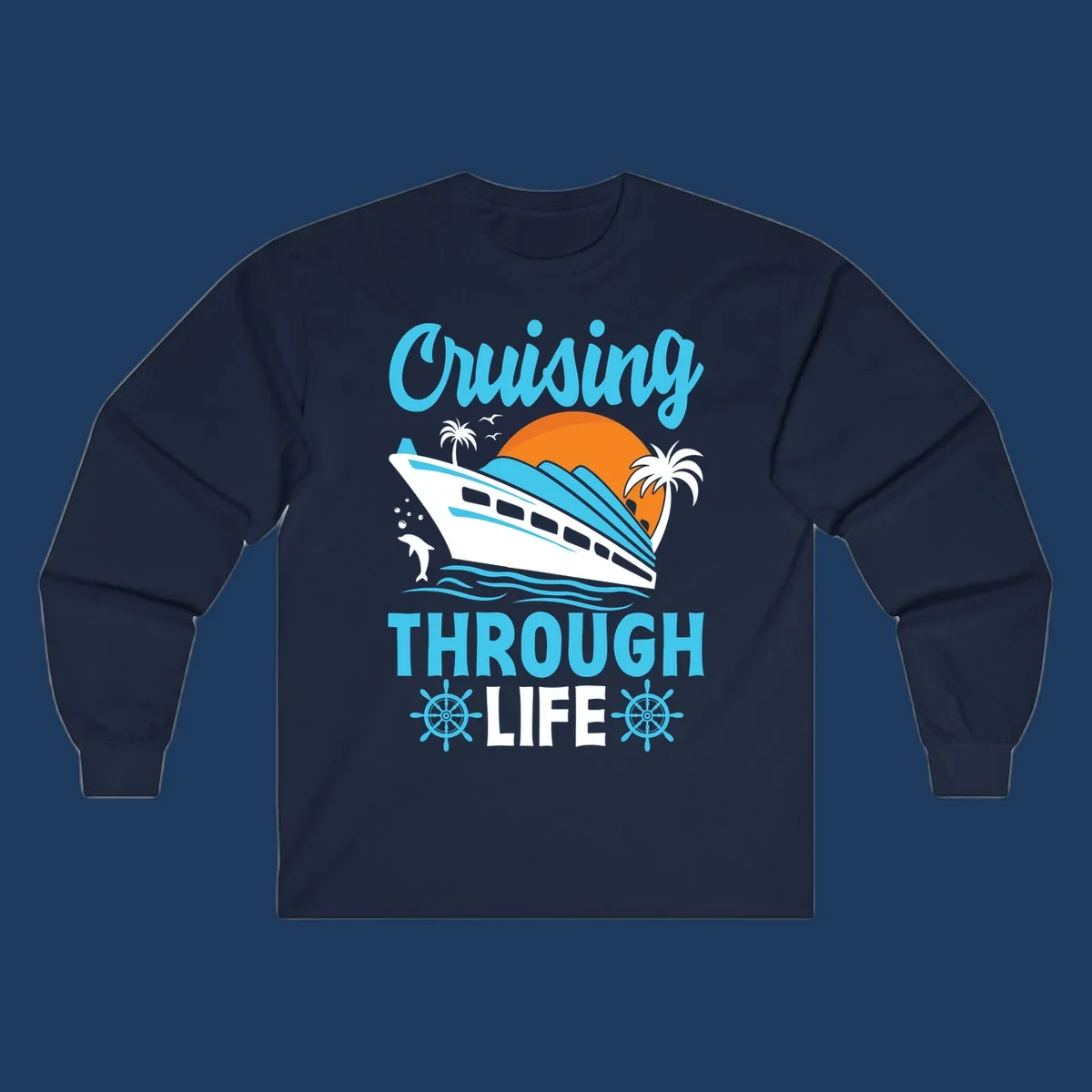 Cruising through life design: illustrated cruise ship sailing toward sunset with ocean waves, palm trees, and nautical elements in cyan, blue, and orange