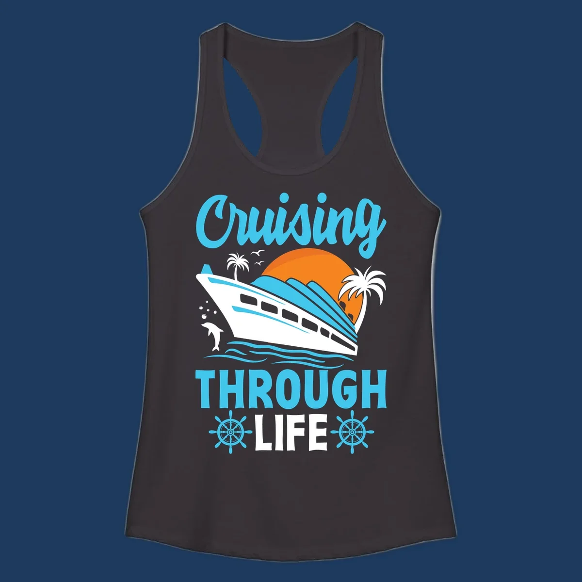 Cruising through life design: illustrated cruise ship sailing toward sunset with ocean waves, palm trees, and nautical elements in cyan, blue, and orange