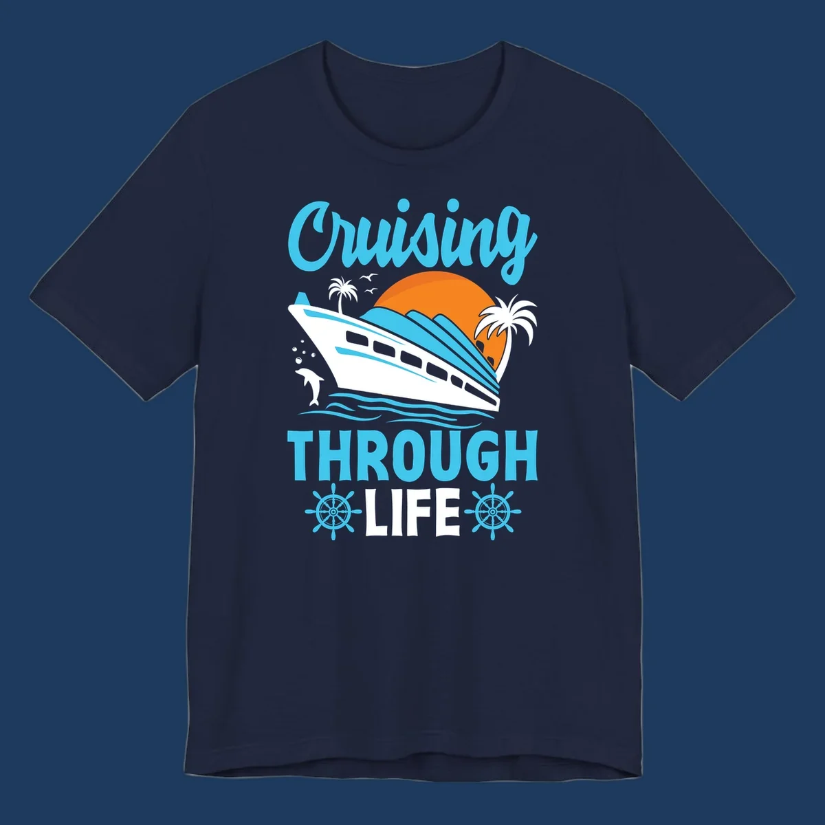 Cruising through life design: illustrated cruise ship sailing toward sunset with ocean waves, palm trees, and nautical elements in cyan, blue, and orange