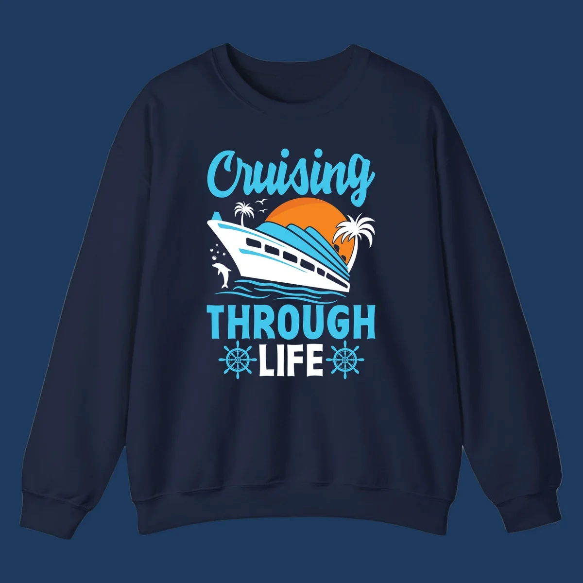 Cruising through life design: illustrated cruise ship sailing toward sunset with ocean waves, palm trees, and nautical elements in cyan, blue, and orange